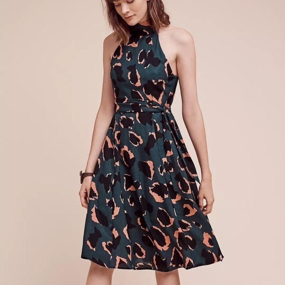 Anthropologie Elliatt teal coral geometric leopard Haulter dress
